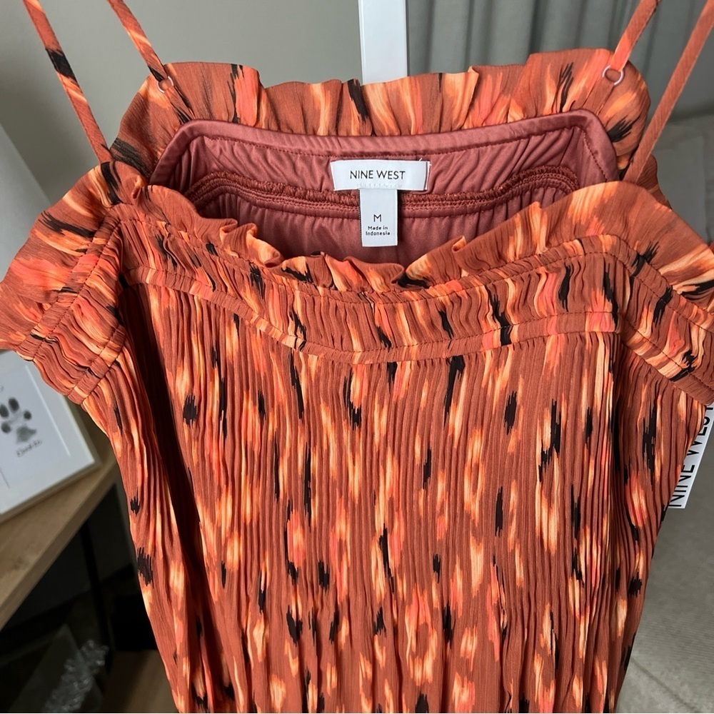 NINE WEST M RUST ORANGE BLACK IKAT LEOPARD PLEAT SMOCKED RUFFLE TANK TOP NWT - Picture 6 of 14